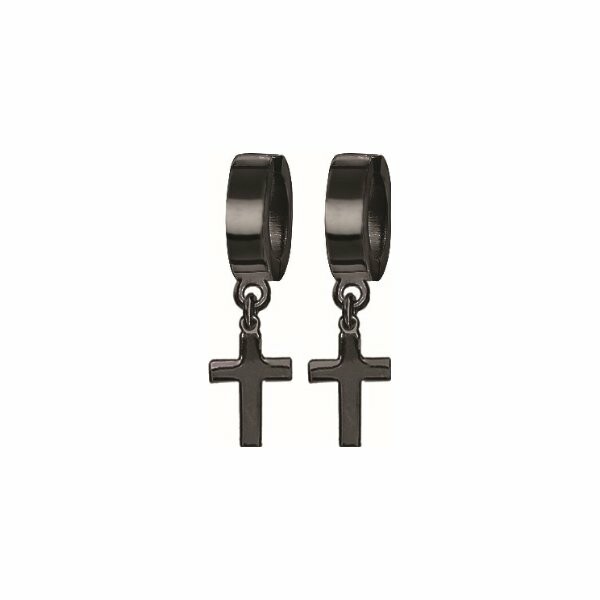 Boucles d'oreilles créoles en acier et pvd noir avec croix suspendu
