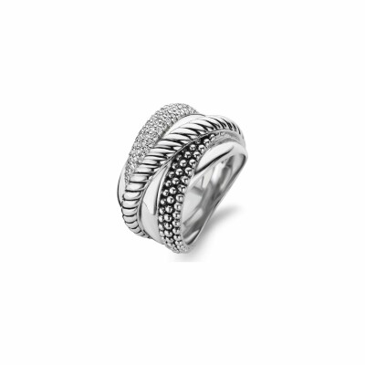 Bague Ti Sento en argent rhodié multi rangs entrelacés et oxydes de zirconium, taille 54