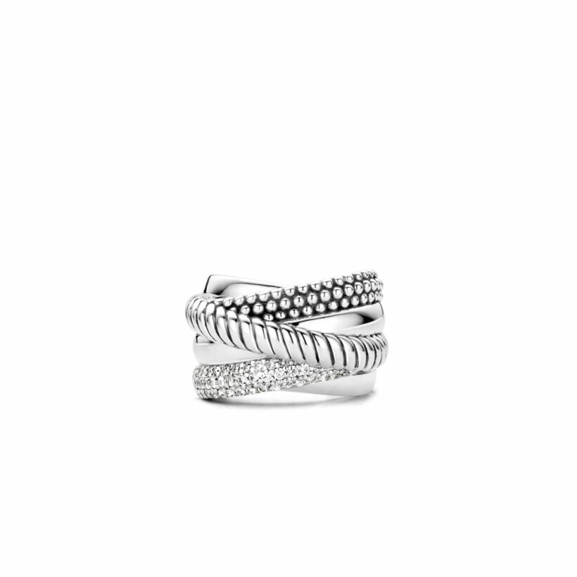 Bague Ti Sento en argent rhodié multi rangs entrelacés et oxydes de zirconium, taille 56