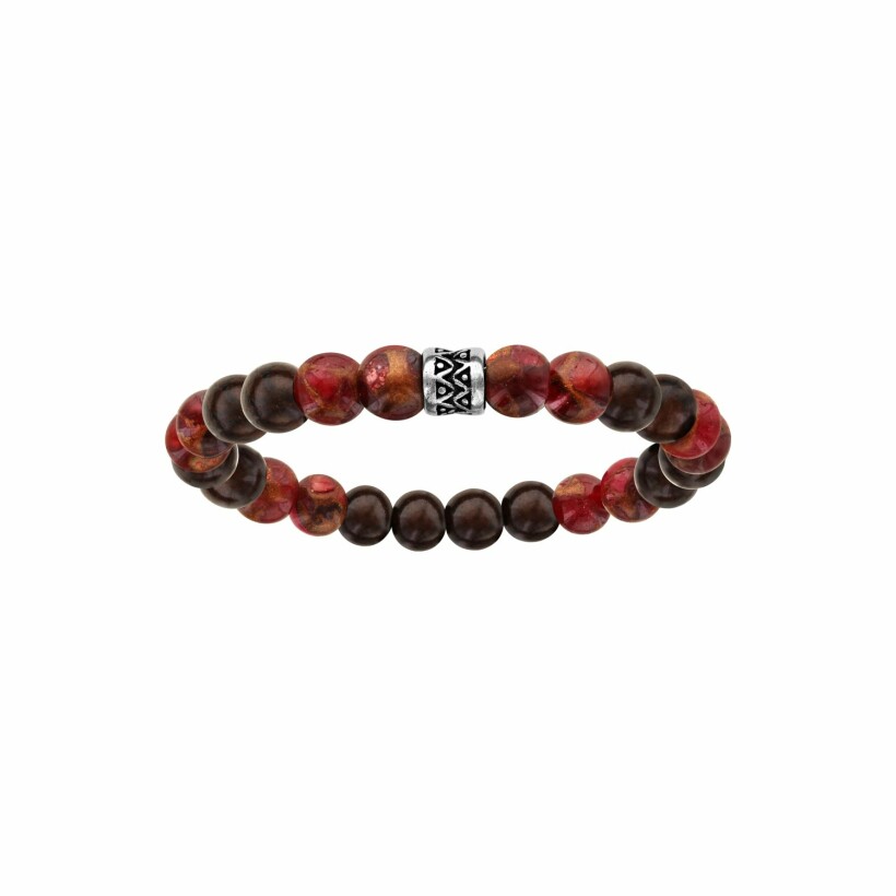 Bracelet en acier perles bois et jaspéite rouge
