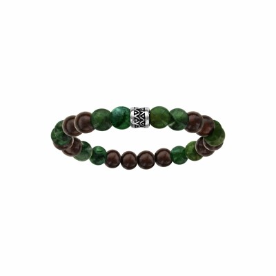 Bracelet en acier perles bois et agate verte