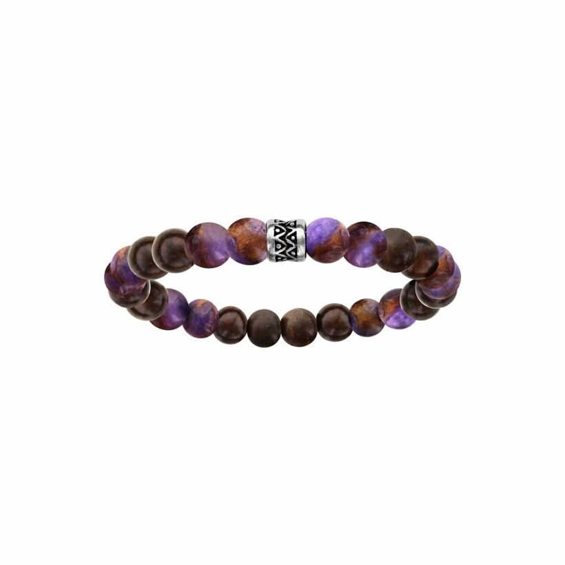 Bracelet acier perles bois et quartz violet
