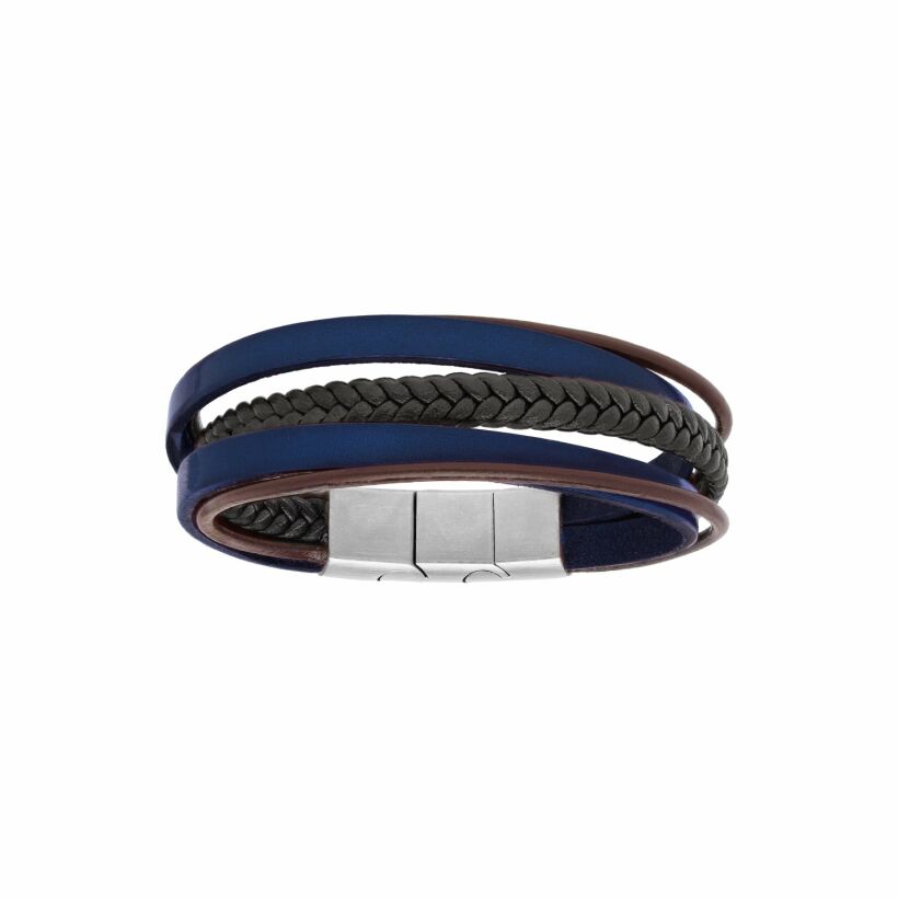 Bracelet acier et cuir bleu marine, marron et tressé noir 20+1cm réglable double fermoir