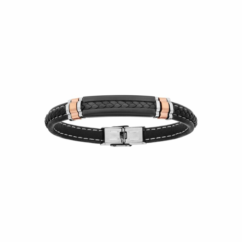 Bracelet en acier tresse noir avec pvd noir et élément en métal doré rose 21cm réglable