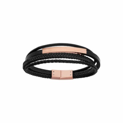 Bracelet en métal doré rose multi rangs cuir bovin noir 20.5cm