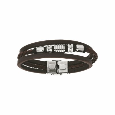 Bracelet acier et cuir bovin 3 rangs marron avec motifs 20.5cm réglable