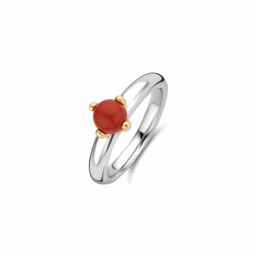 Bague Ti Sento en argent rhodié et pierre synthétique rouge, serti de griffes dorées