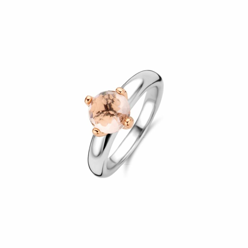 Bague Ti Sento en argent rhodié et pierre synthétique rose, serti de griffes dorées rose, petit modèle