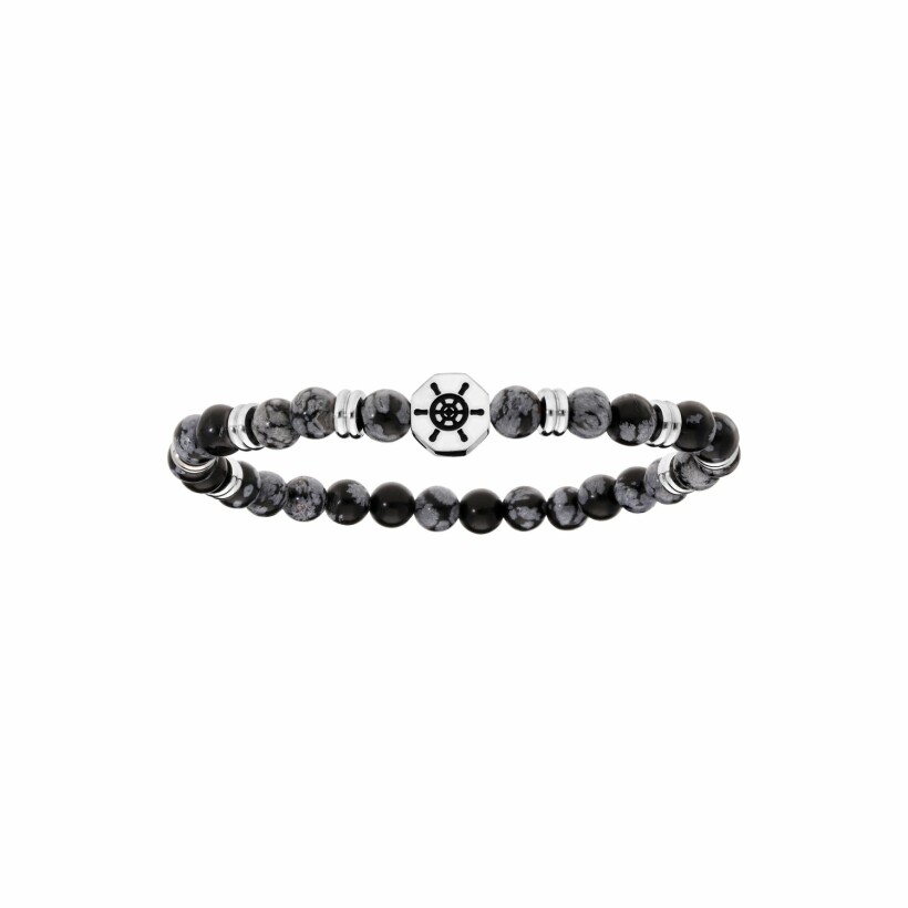 Bracelet en acier boules obsidienne grises et noires avec motif roue de bateau