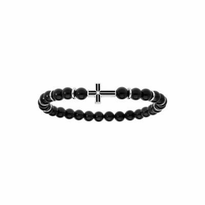 Bracelet en acier boules agate noire motif croix