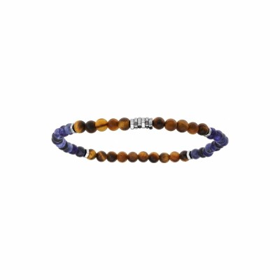 Bracelet en acier extensible boules oeil de tigre et quartz bleu et marron