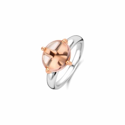 Bague Ti Sento en argent rhodié et pierre synthétique rose, serti de griffes dorées rose, grand modèle