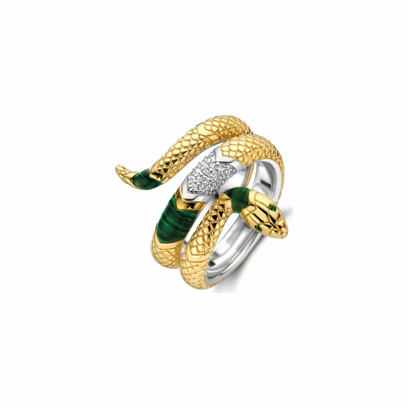 Bague Ti Sento Serpent en argent, argent plaqué or jaune, pierre vert-émeraude et oxydes de zirconium, taille 56