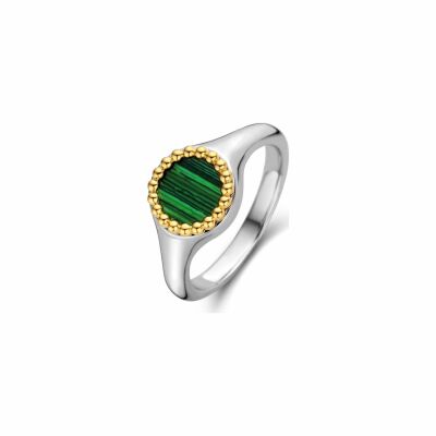 Bague Ti Sento en argent et pierre synthétique translucide verte malachite, serti clos doré