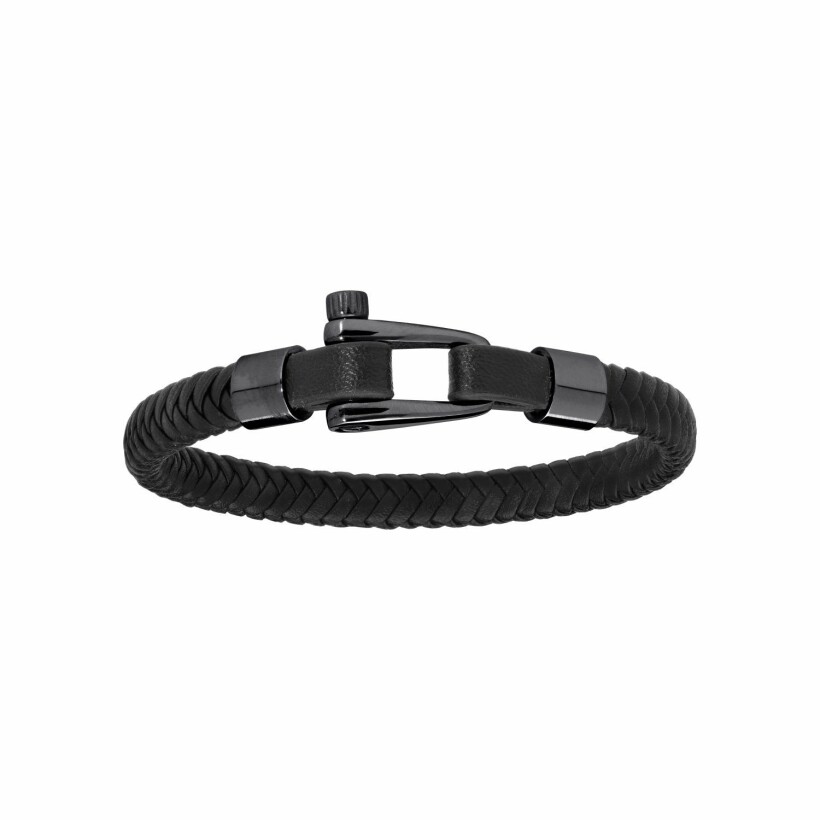 Bracelet acier et cuir bovin noir avec PVD noir mat fermoir vissé 20cm