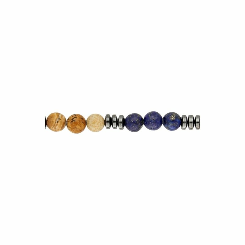 Bracelet en acier boules agates bleues et bois marron veinées 18+3cm