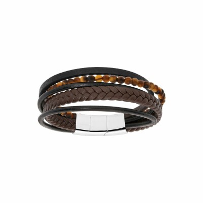 Bracelet acier et cuir bovin marron et noir multi fils et boules œil de tigre double fermoir 20cm