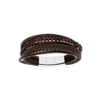 Bracelet acier et cuir bovin marron multi fils et boules œil de tigre double fermoir 20cm