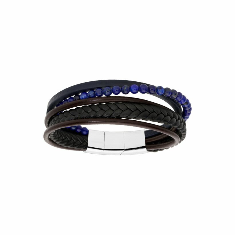 Bracelet acier et cuir bovin noir multi fils et boules bleues double fermoir 20cm