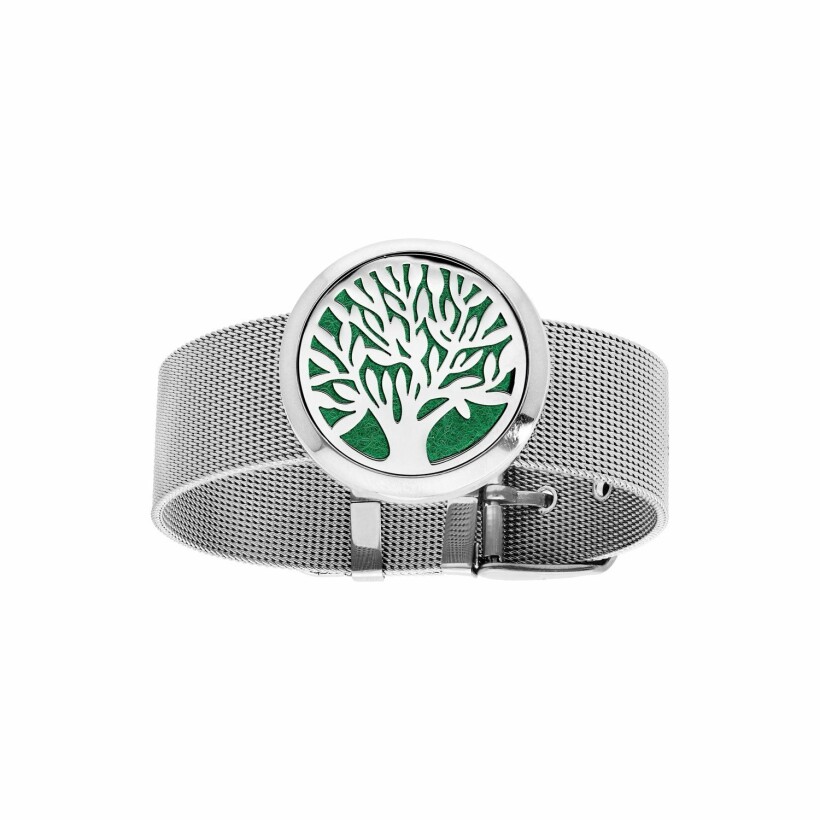 Bracelet senteur en acier maille milanaise medaillon arbre de vie 12 mousses interchangeables couleurs assorties 21cm réglable