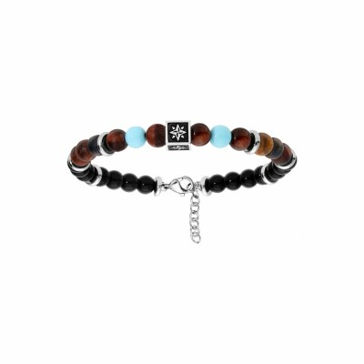 Bracelet en acier boules onyx et oeil de tigre cube motif 19.5+2.5cm