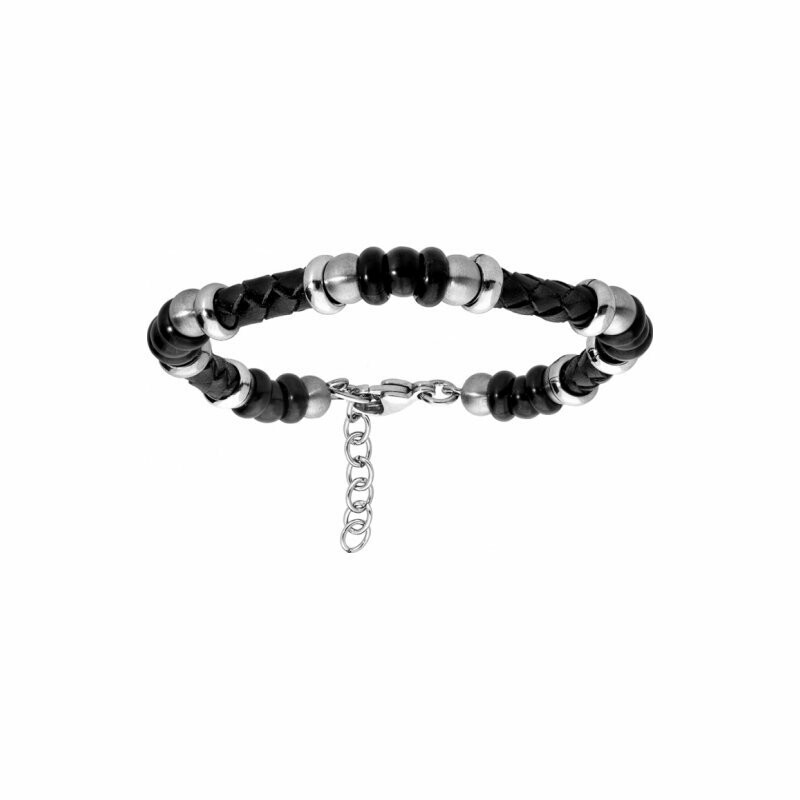 Bracelet en acier simili cuir noir et boules pvd noir 18+3cm