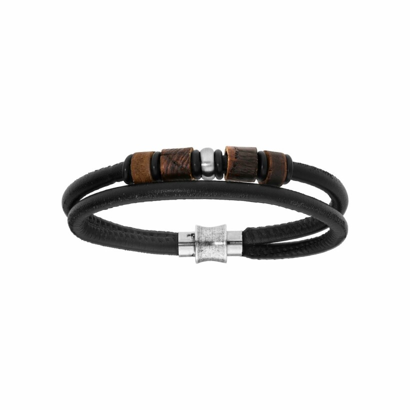 Bracelet acier 2 fils cuir bovin noir et bois fermoir aimanté 21.5cm