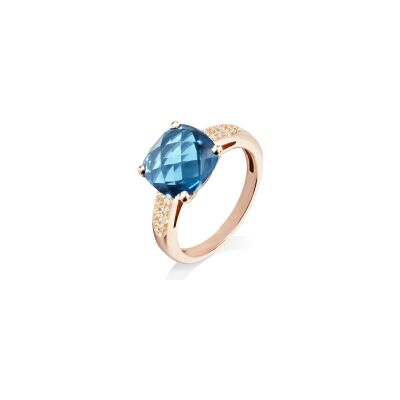 Bague Cesare Pompanon Poppy Blue en or rose, diamants et topaze london blue, petit modèle
