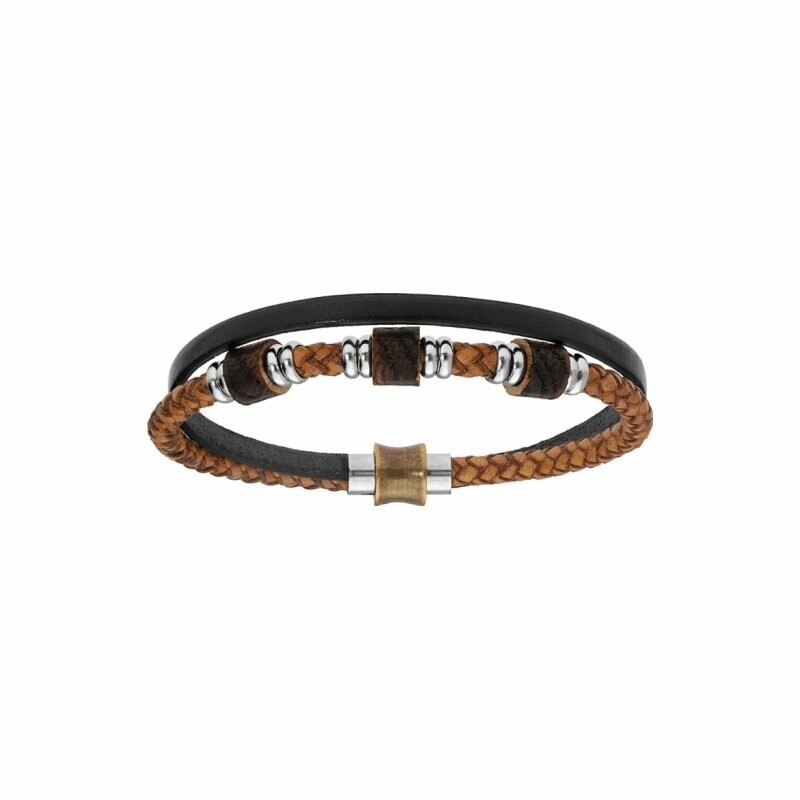Bracelet en acier 2 rangs cuir bovin marron et noir avec bois fermoir aimanté 21cm