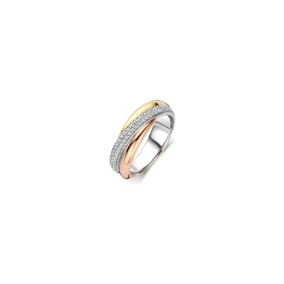 Bague Ti Sento en argent plaqué platine, argent plaqué or jaune, rose et oxyde de zirconium, taille 56