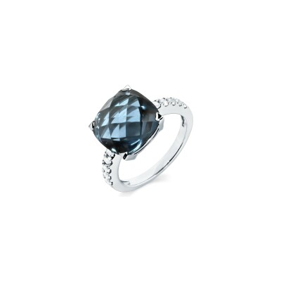 Bague Cesare Pompanon Poppy Blue en or blanc, diamants et topaze london blue, grand modèle