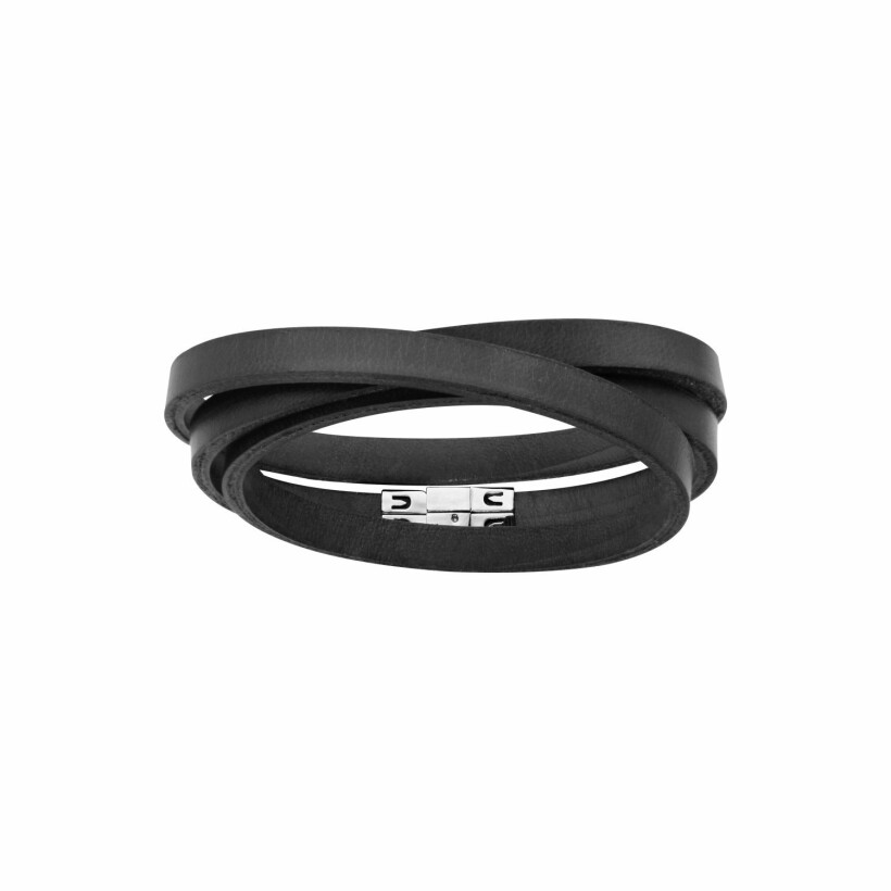 Bracelet acier et cuir bovin noir lacet 3 tours modèle homme 58.5cm