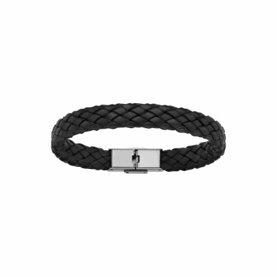 Bracelet en acier et cuir bovin tresse noir 20.5cm réglable