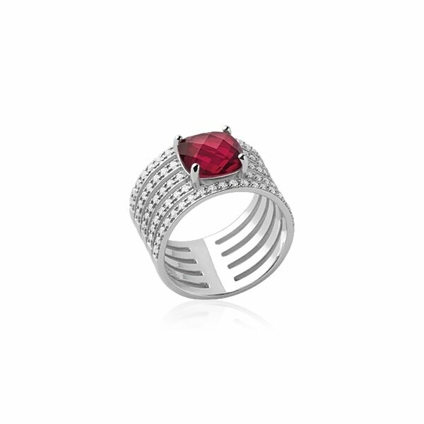 Bague en argent rhodié, oxydes de zirconium et pierre synthétique