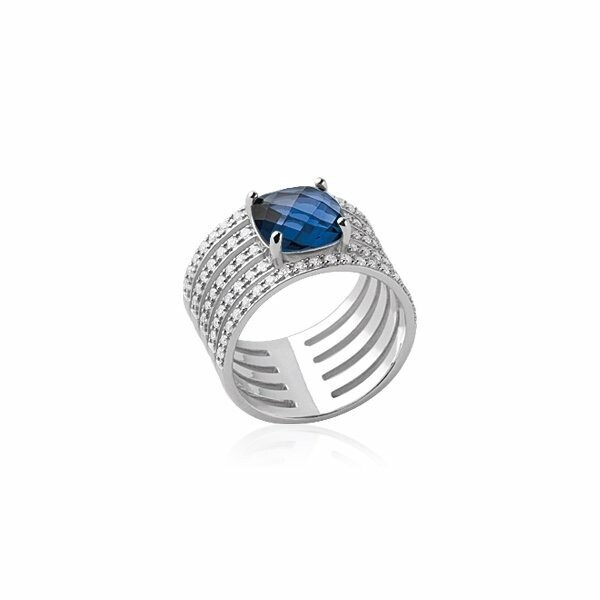 Bague en argent rhodié, oxydes de zirconium et pierre synthétique