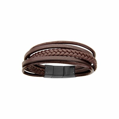 Bracelet en acier et cuir bovin marron multifils 20cm