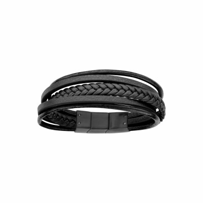 Bracelet en acier et cuir bovin noir multifils 20cm