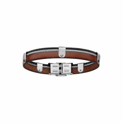 Bracelet en acier et cuir bovin marron avec câble gris et noir 20cm