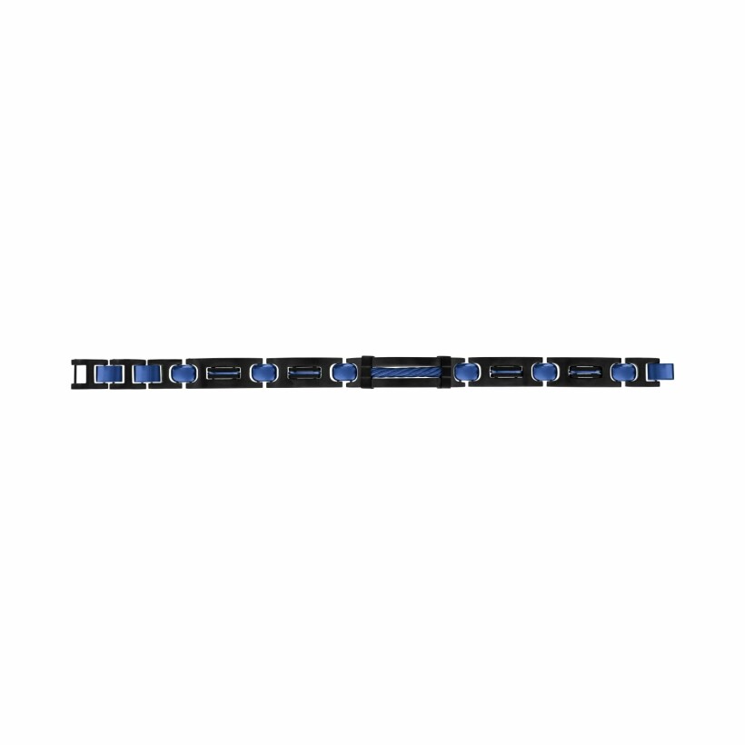 Bracelet en acier et pvd noir plaque idd gros câble pvd bleu 22.5cm réglable en 21 et 19 cm, triple fermoir