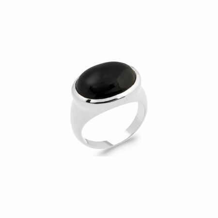 Bague en argent rhodié et agate noire