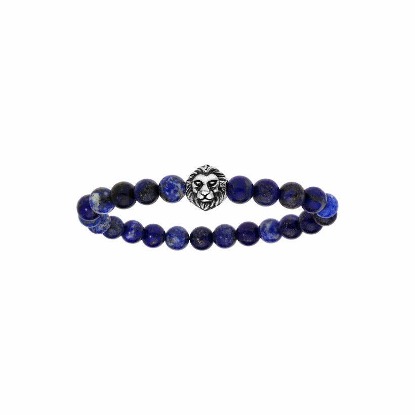 Bracelet extensible perle lapis lazuli véritable avec tête de lion