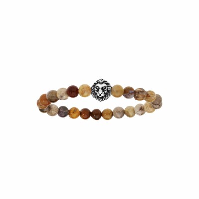 Bracelet extensible agate marron nuancé avec tête de lion