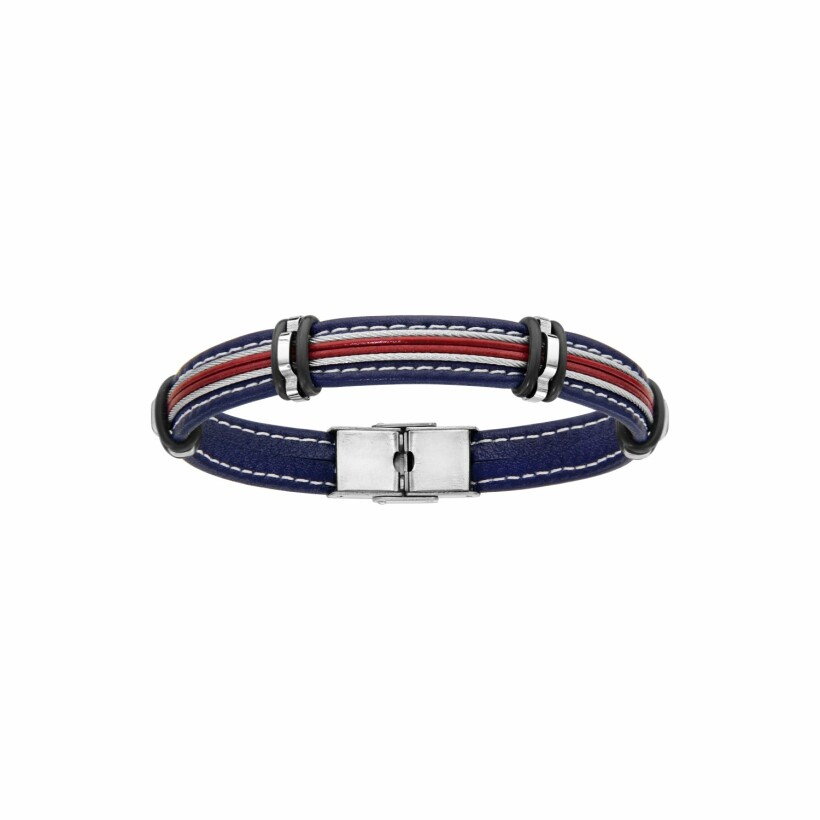 Bracelet en acier et cuir bovin bleu et rouge 2 câbles gris 20cm
