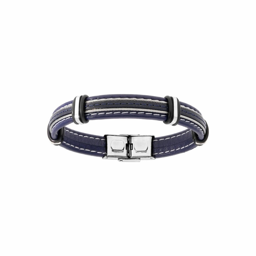 Bracelet en acier et cuir bovin bleu marine avec 2 câbles gris 20cm