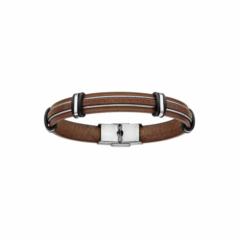 Bracelet en acier et cuir bovin marron avec 2 câbles gris 20cm