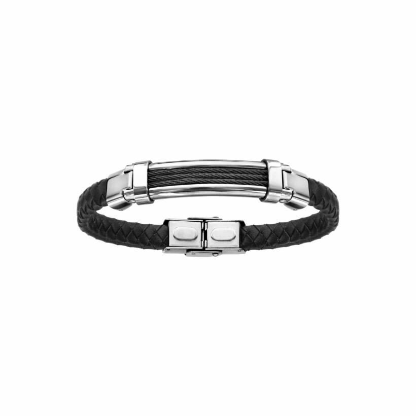 Bracelet en acier et cuir bovin noir tresse 3 rangs câble noir 21cm réglable