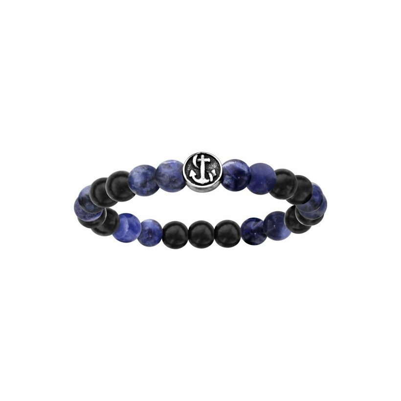 Bracelet en acier perles bois noires et quartz bleu motif ancre marine