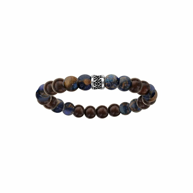 Bracelet en acier perles bois et quartz marbrées motif patine