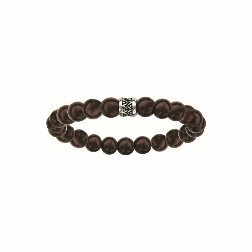 Bracelet en acier perles bois marron motif patine