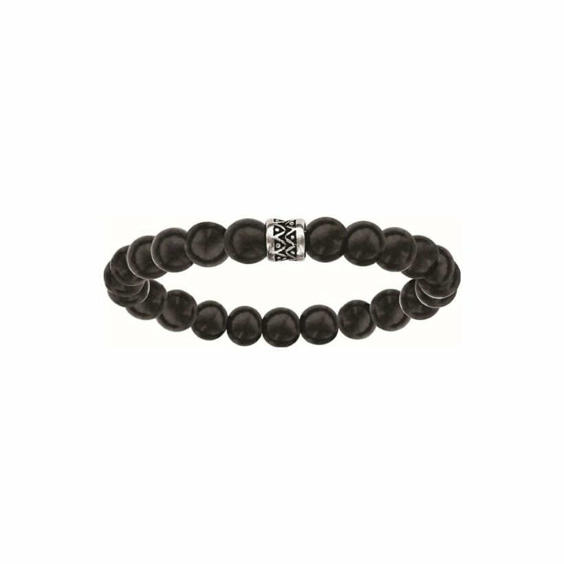 Bracelet en acier perles bois noires motif patine